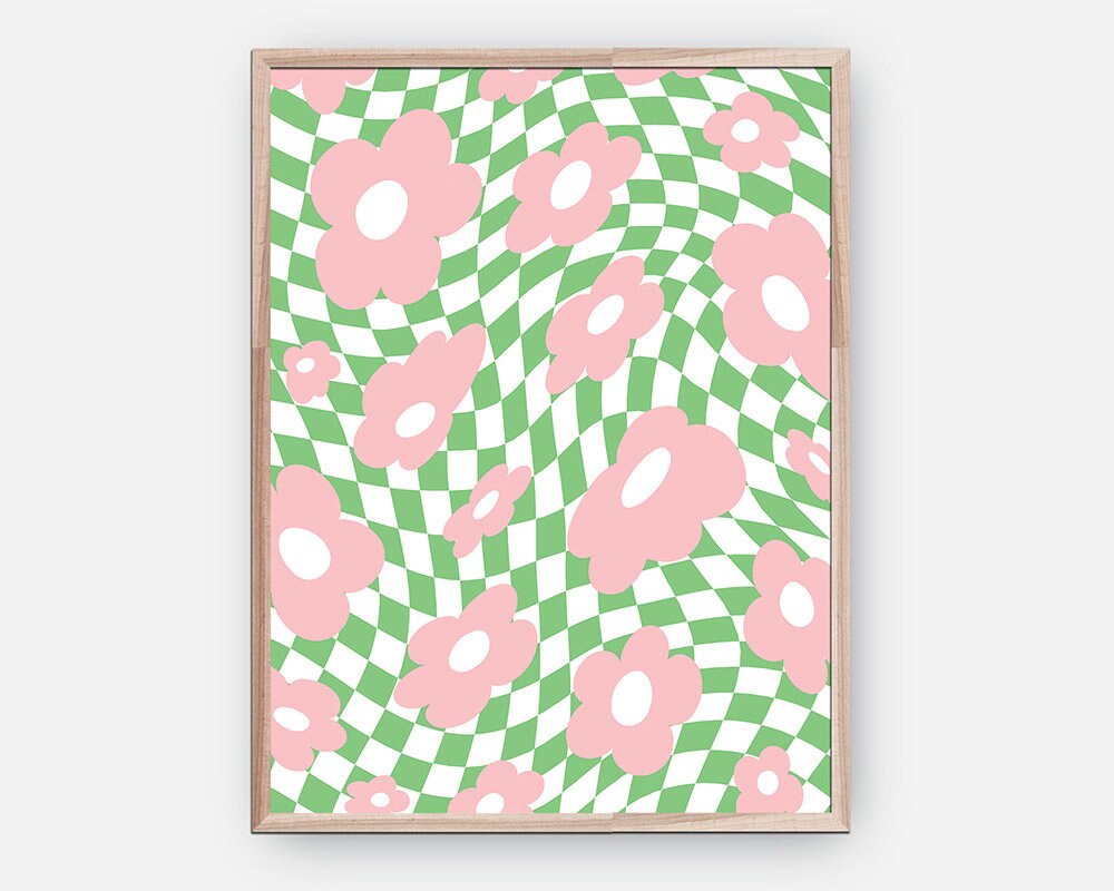 Green Pink Flower Checker Poster - shopartivo