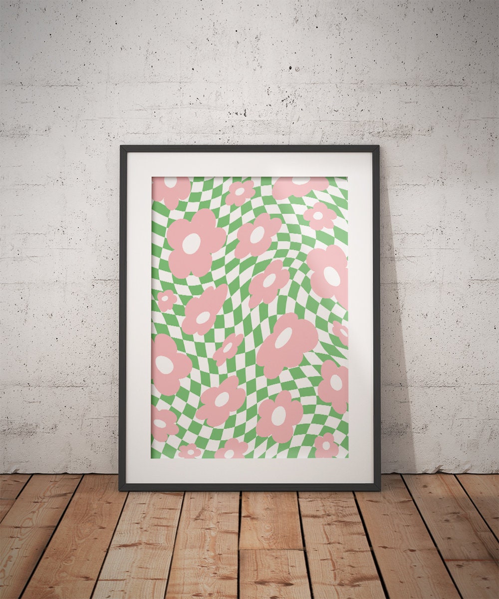 Green Pink Flower Checker Poster - shopartivo