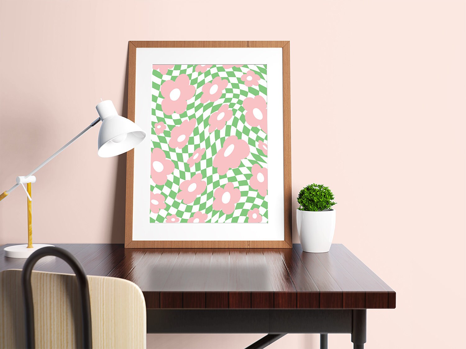 Green Pink Flower Checker Poster - shopartivo