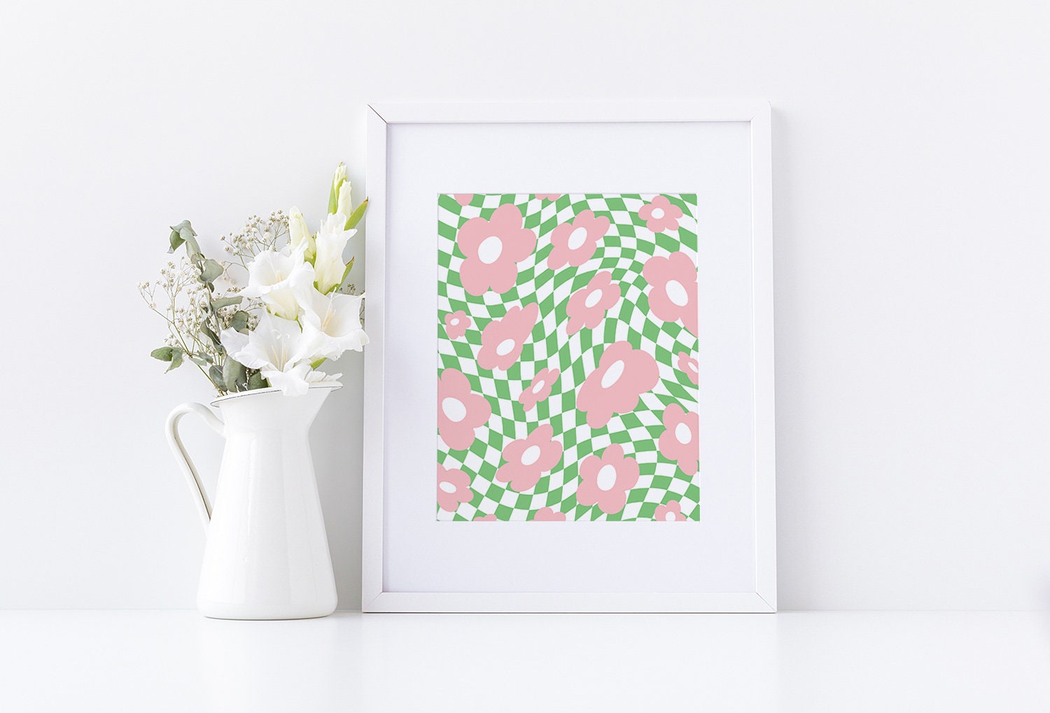 Green Pink Flower Checker Poster - shopartivo
