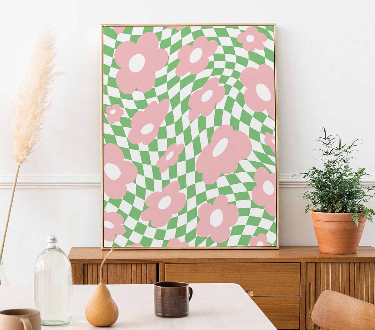 Green Pink Flower Checker Poster - shopartivo