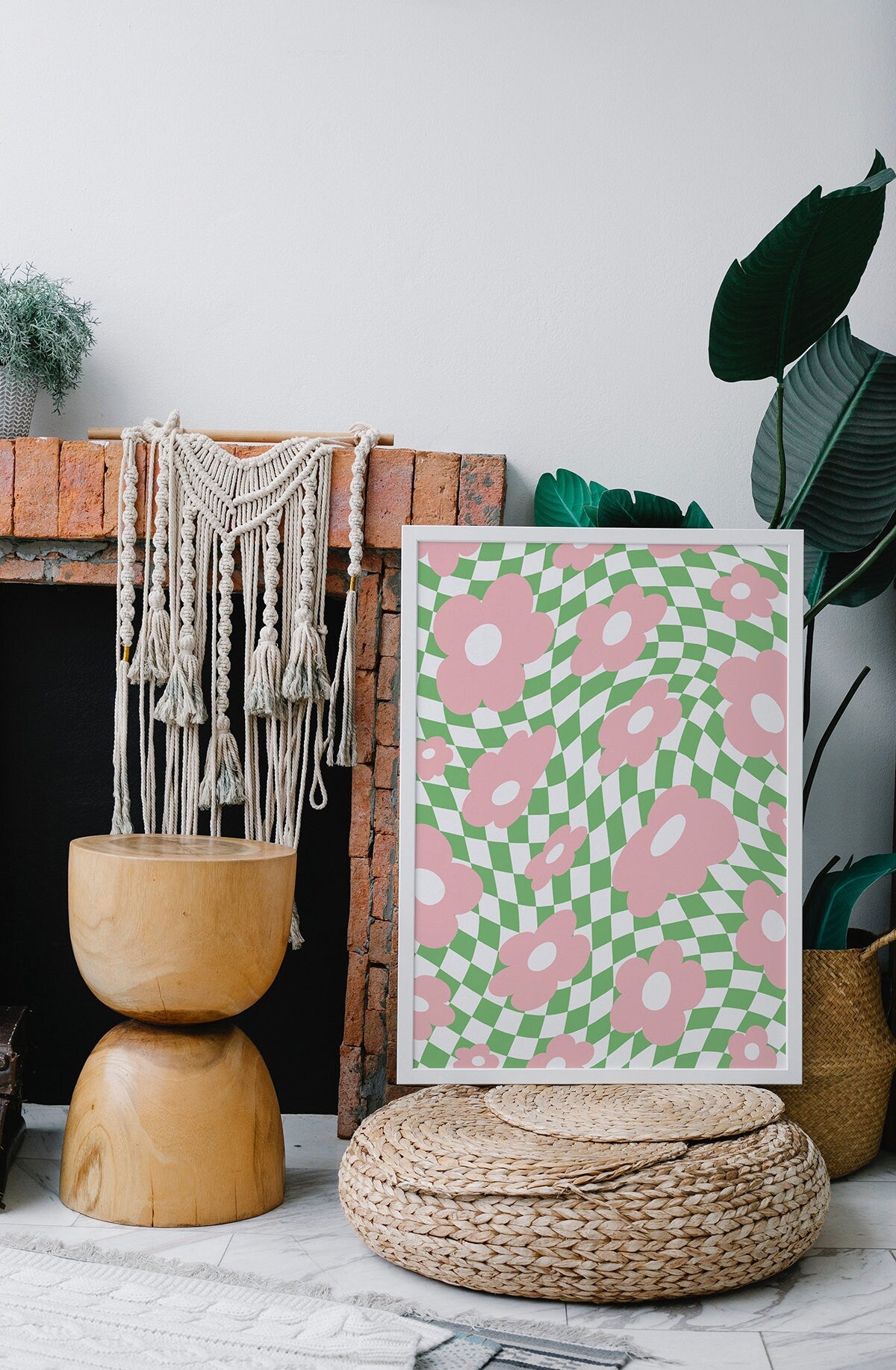 Green Pink Flower Checker Poster - shopartivo