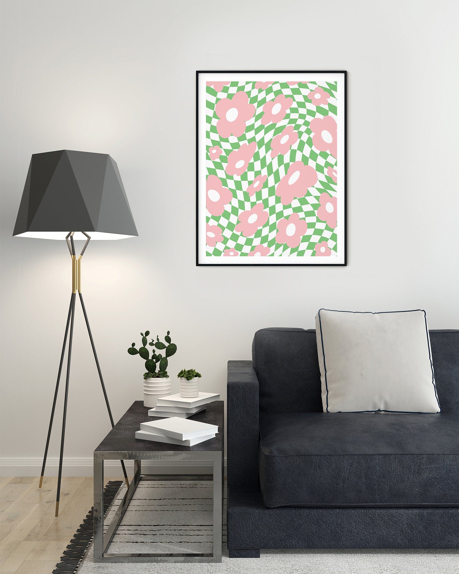 Green Pink Flower Checker Poster - shopartivo